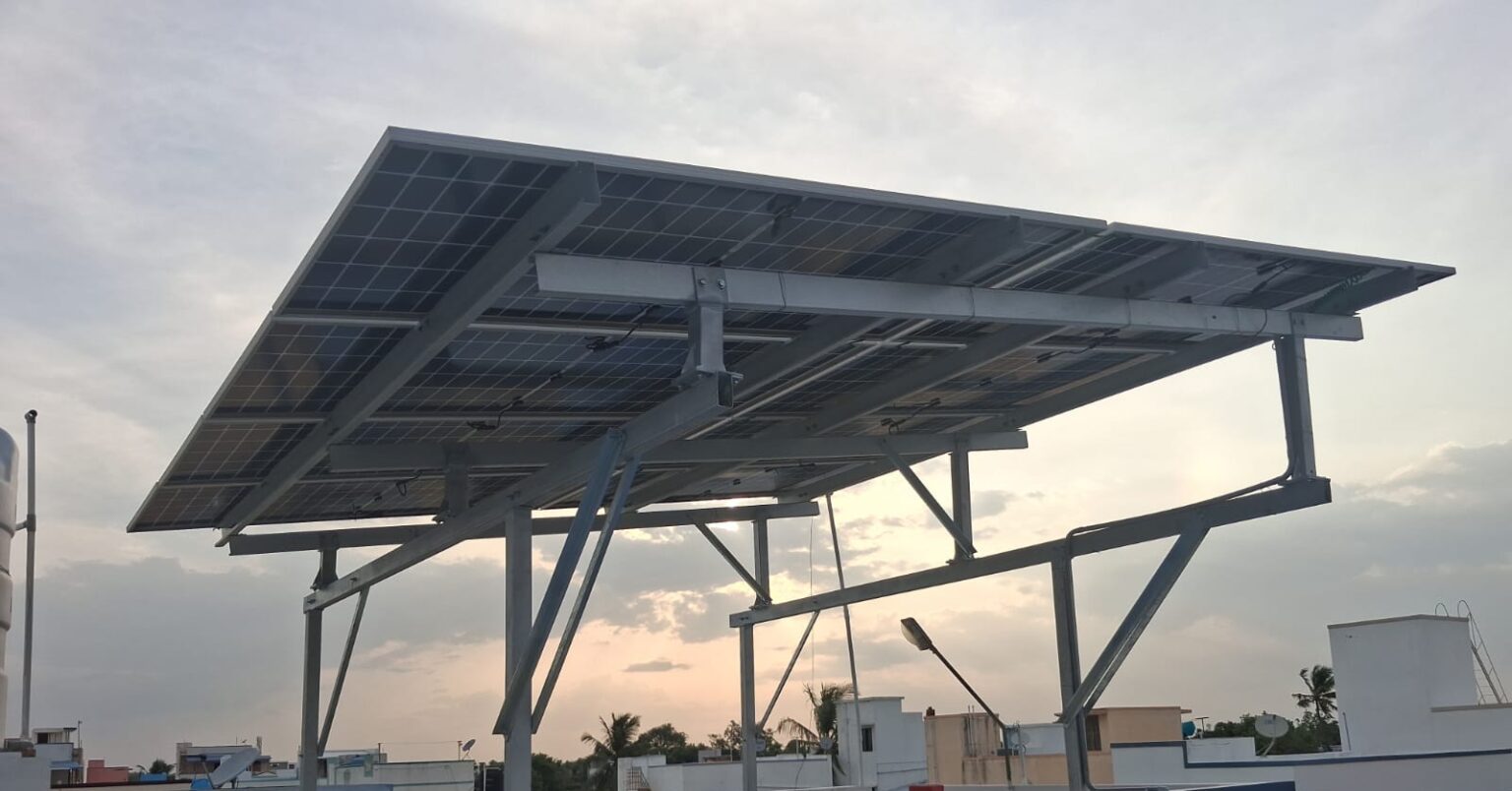 4+5kW residential on-grid rooftop solar installation with TopCon solar panels at a home in Puthur, Erode, Tamil Nadu