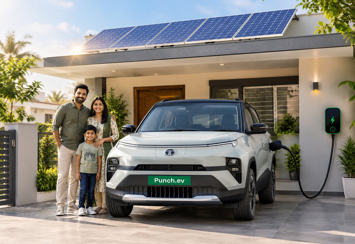 Rooftop solar panels powering an electric car charging at home