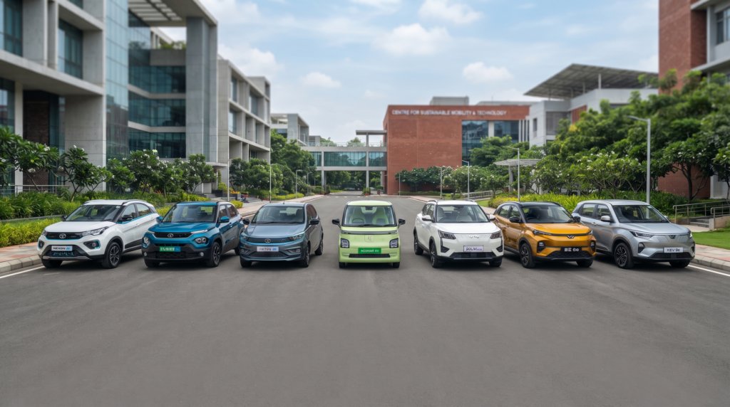 Rooftop solar panels powering an electric car charging at home