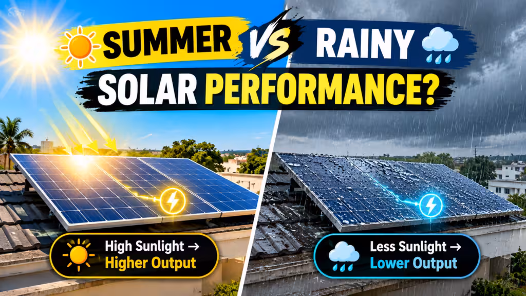 Solar panel performance in summer and rainy season, showing how rooftop solar panels generate electricity from sunlight in different weather conditions